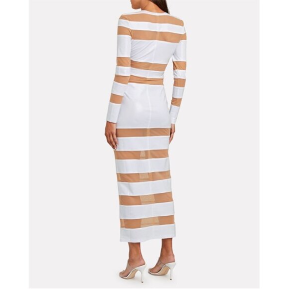 NORMA KAMALI Splice Striped Sheer Knit Midi Dress In White Long Sleeves Size S - Picture 10 of 11